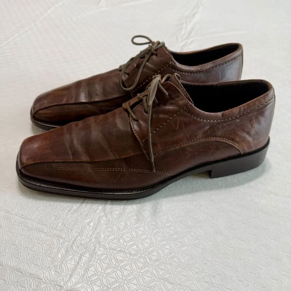 Johnston & Murphy Men's 10 M Romania Brown Leather Square Toe Derby Dress Shoes